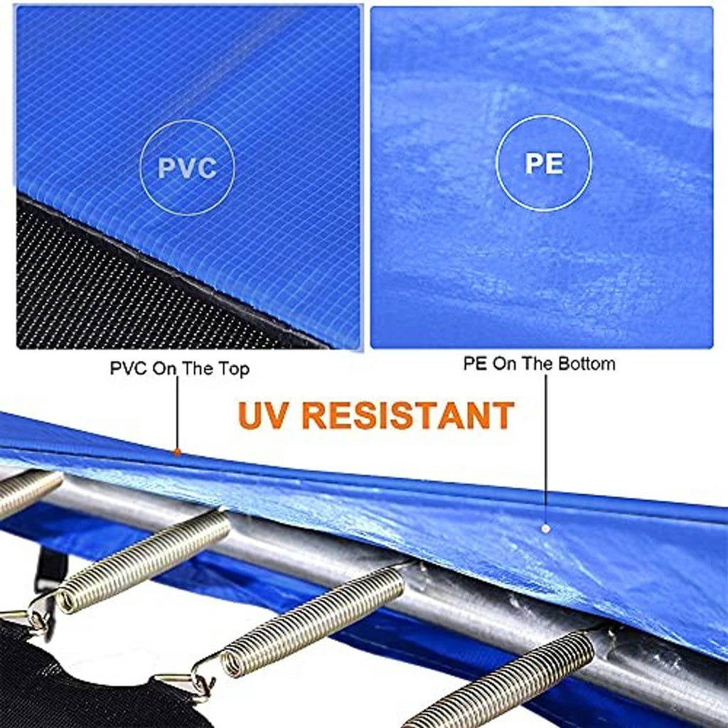 Blue trampoline spring cover pad with textured surface and stitched edge detail