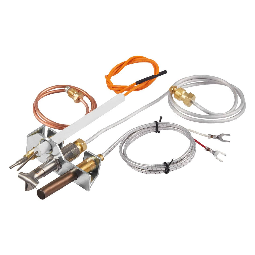 Natural gas pilot assembly with copper tube, metal bracket, and orange/gray wire leads
