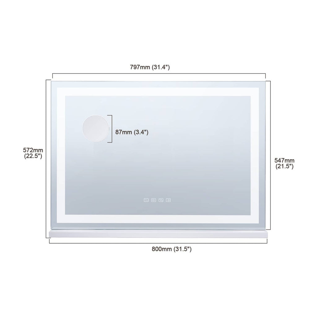 Square LED vanity mirror diagram with measurements and white frame