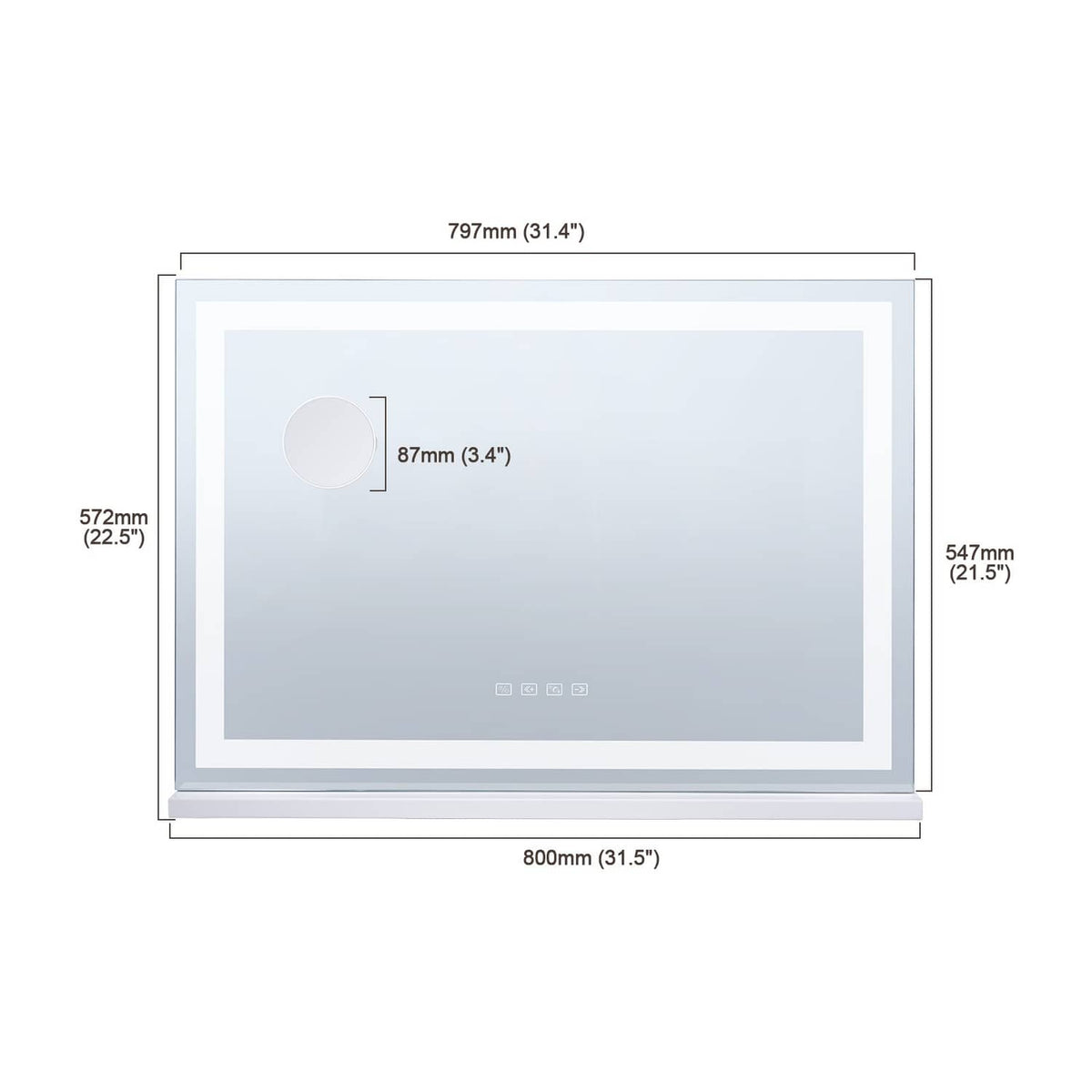 Square LED vanity mirror diagram with measurements and white frame