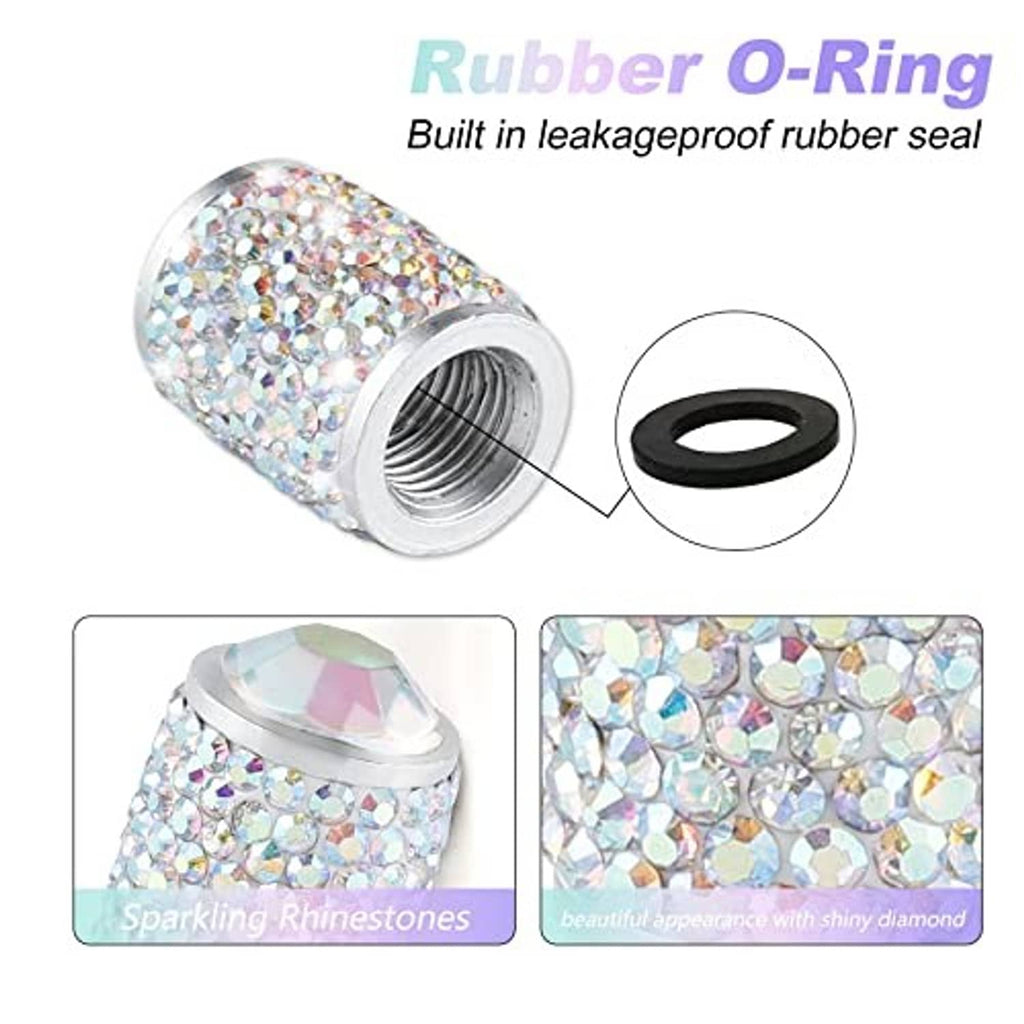 Crystal rhinestone tire valve cap with visible rubber O-ring seal under the base