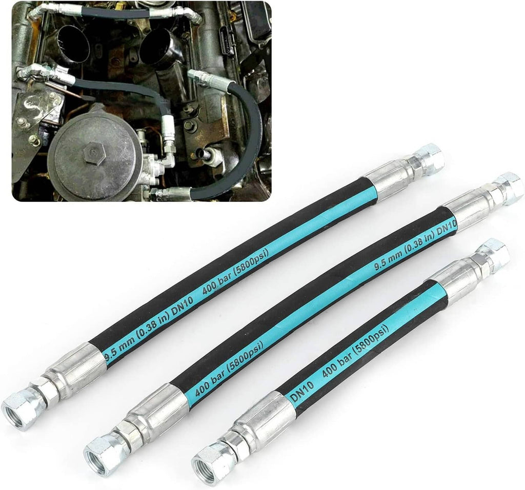Two high-pressure oil hoses with teal stripe and chrome metal fittings, straight line style
