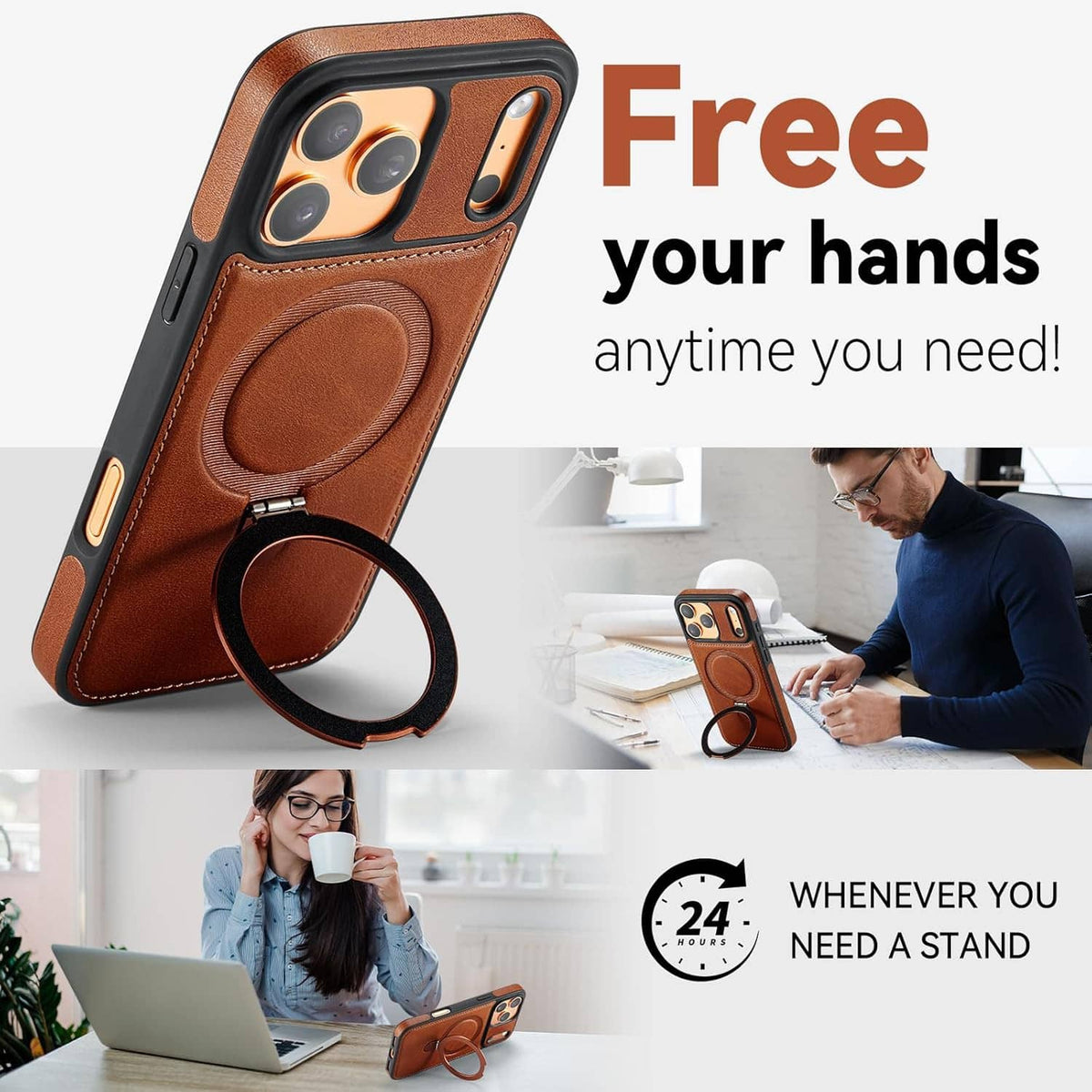 Brown PU leather iPhone 17 Pro case with ring stand for hands-free viewing