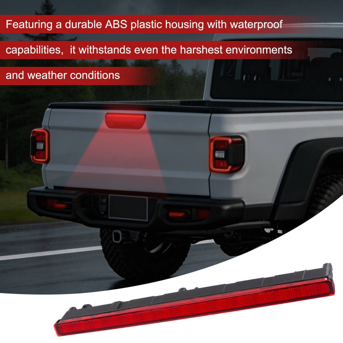Installed third brake light bar with red lens across rear bed, black housing visible