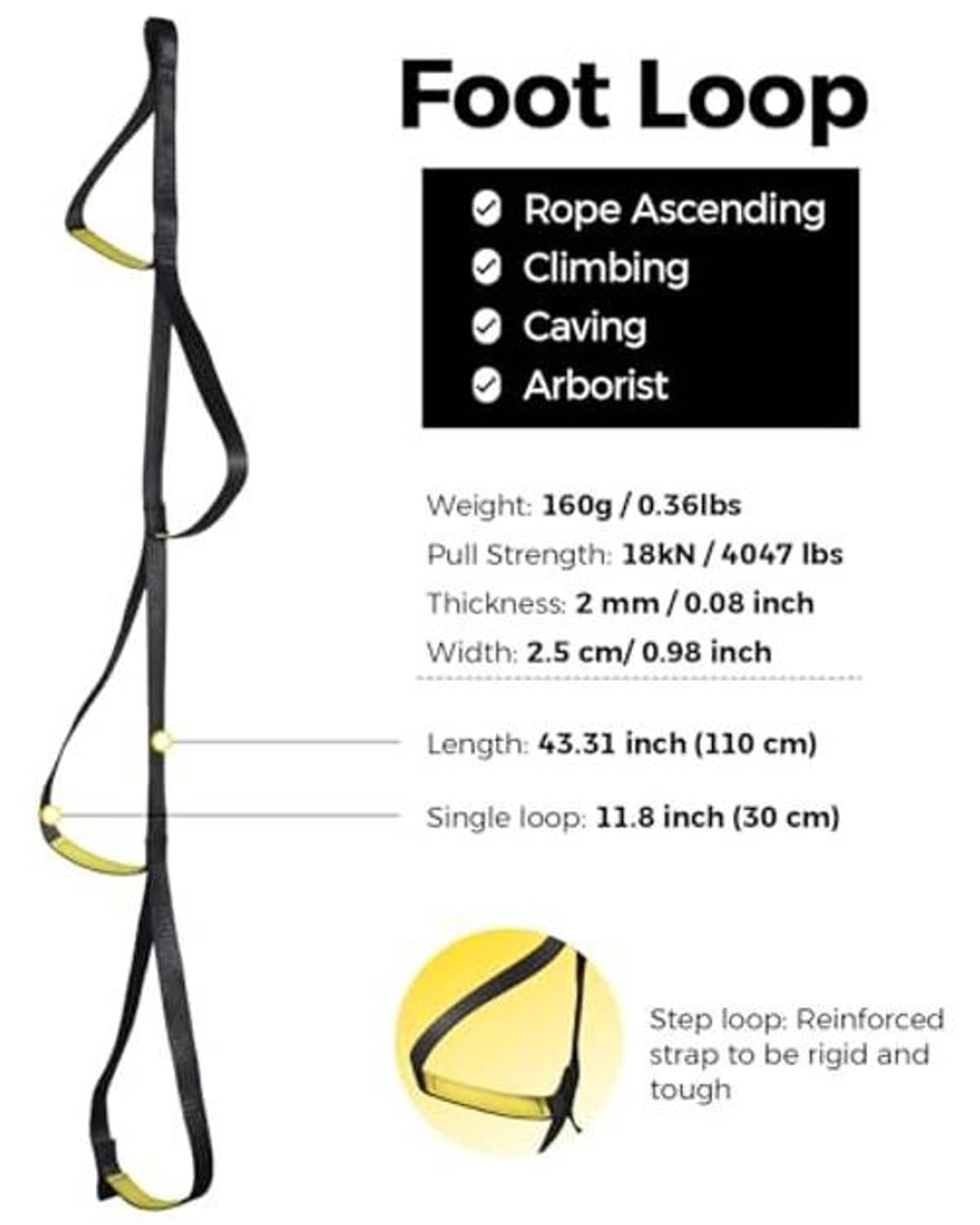 Foot loop webbing with yellow step pad, black strap, reinforced stitching detail