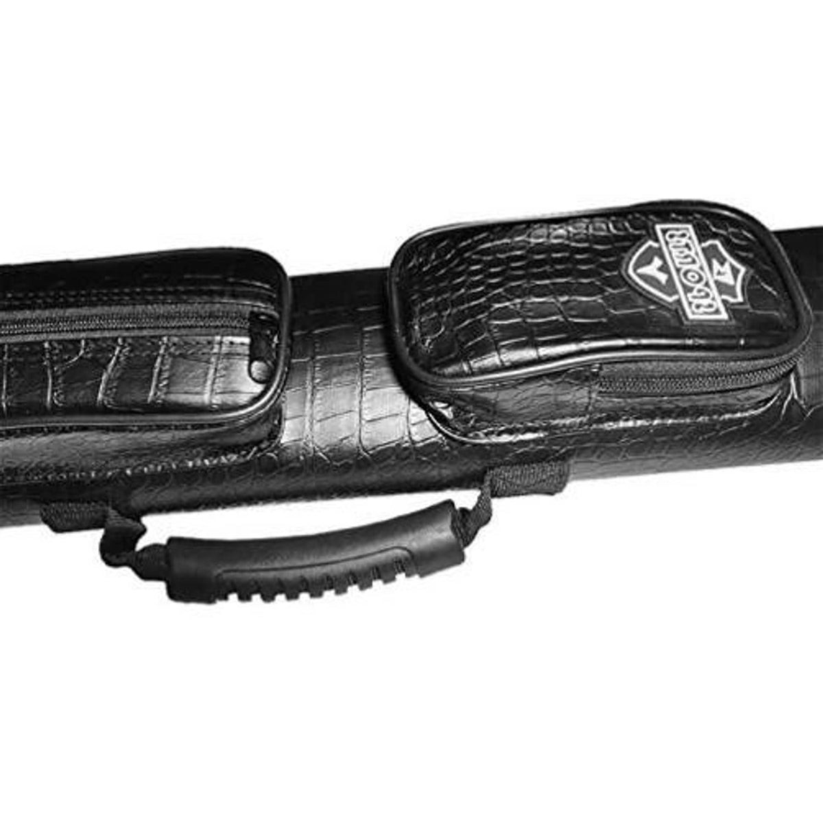 Black hard pool cue case with zipper compartments and attached cue protective sleeve