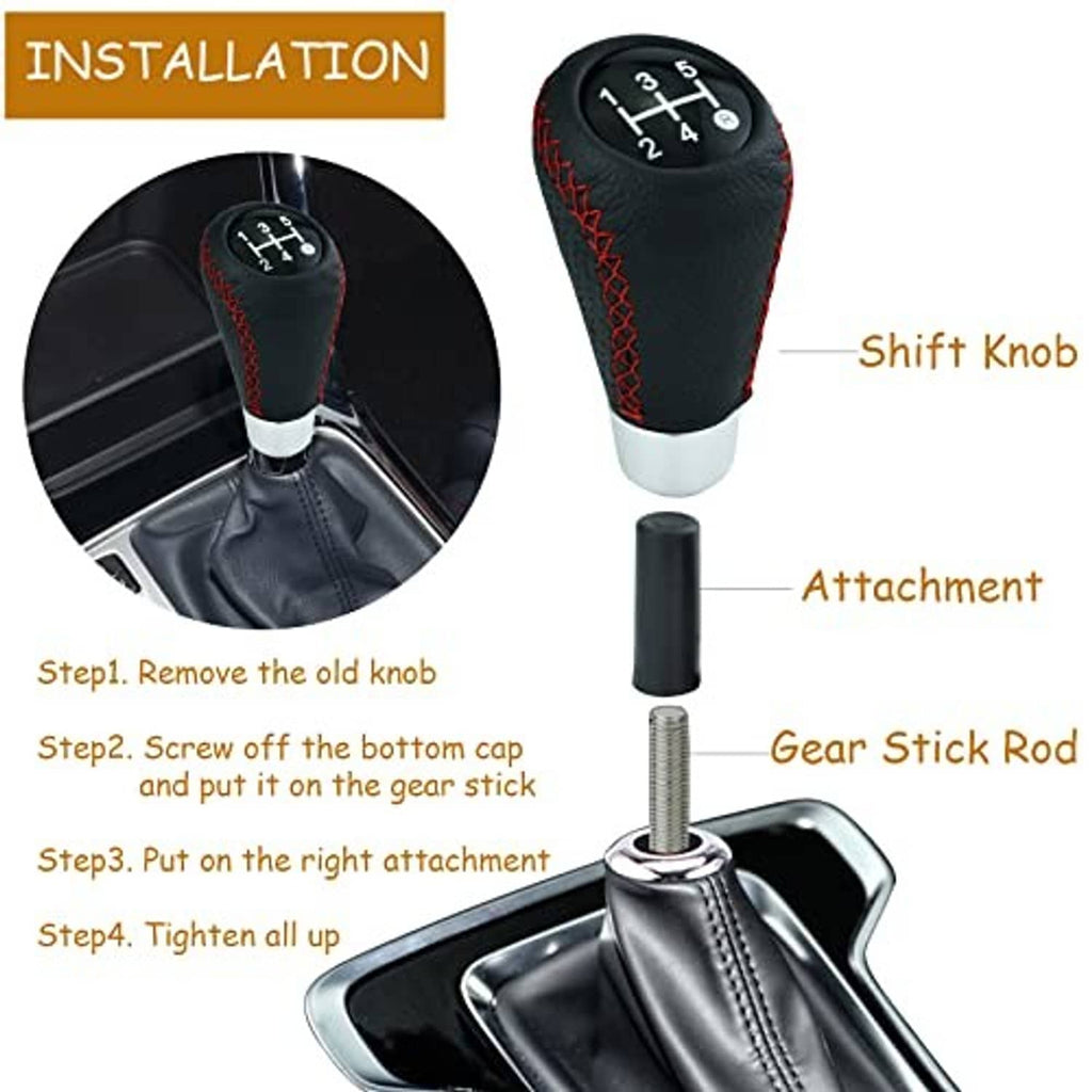 Leather 5-speed gear shift knob with red stitching and numbered dial, shown with installation parts