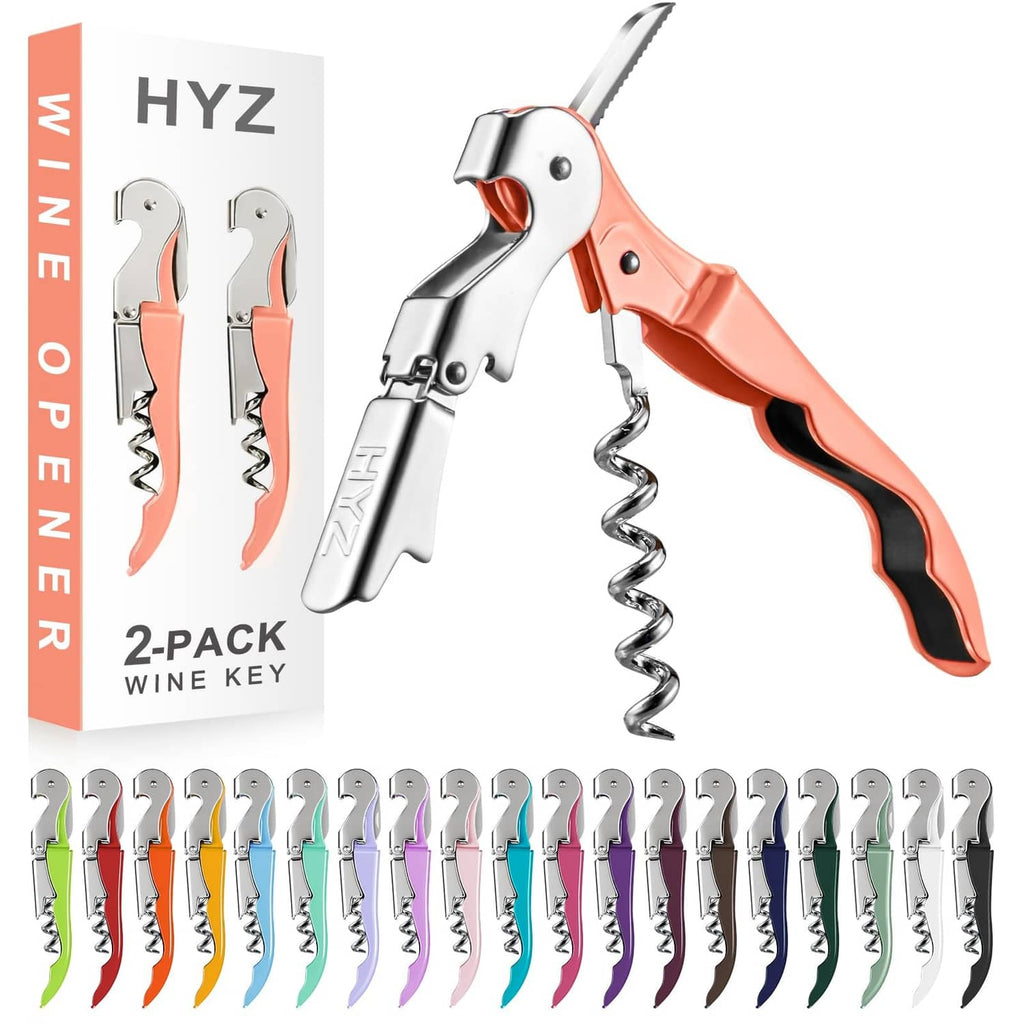 2-pack wine key set with orange handles, silver cork extractors, and box display