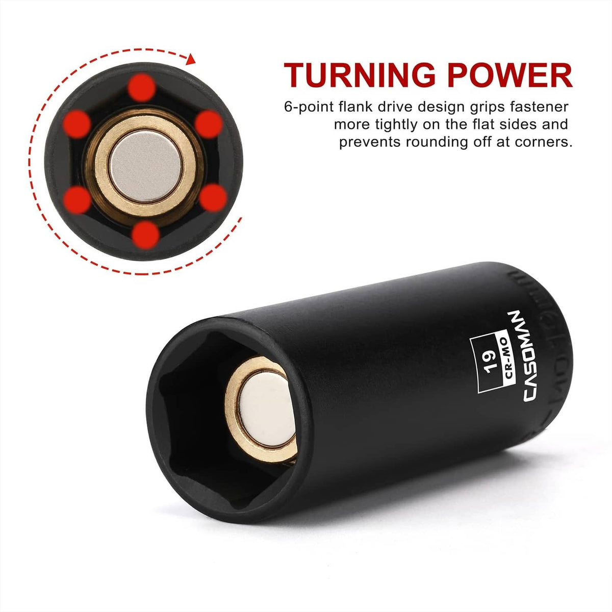 Black 6-point deep impact socket with gold center magnet, size 19 mm