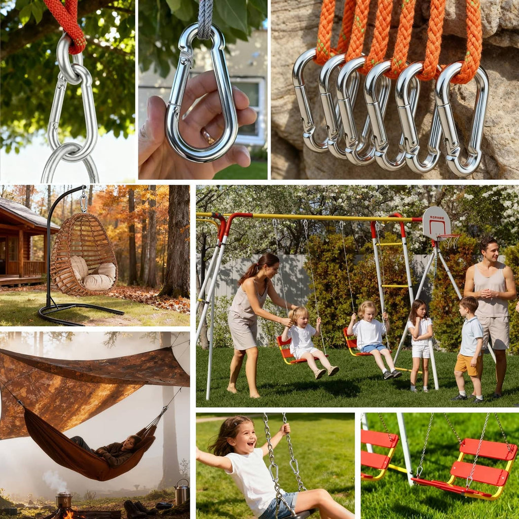 Silver spring snap hook carabiners connecting chains for swing or outdoor hammock