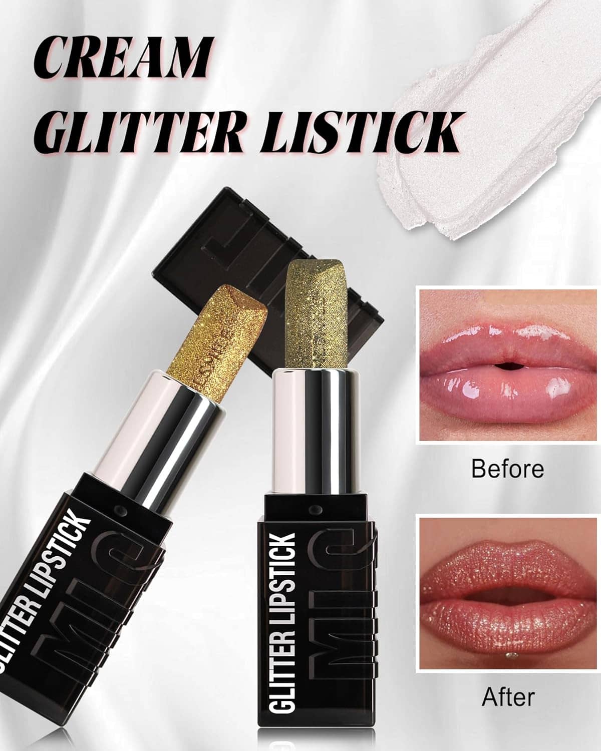 Rose pink cream glitter lipstick set with silver barrel and black cap, close-up