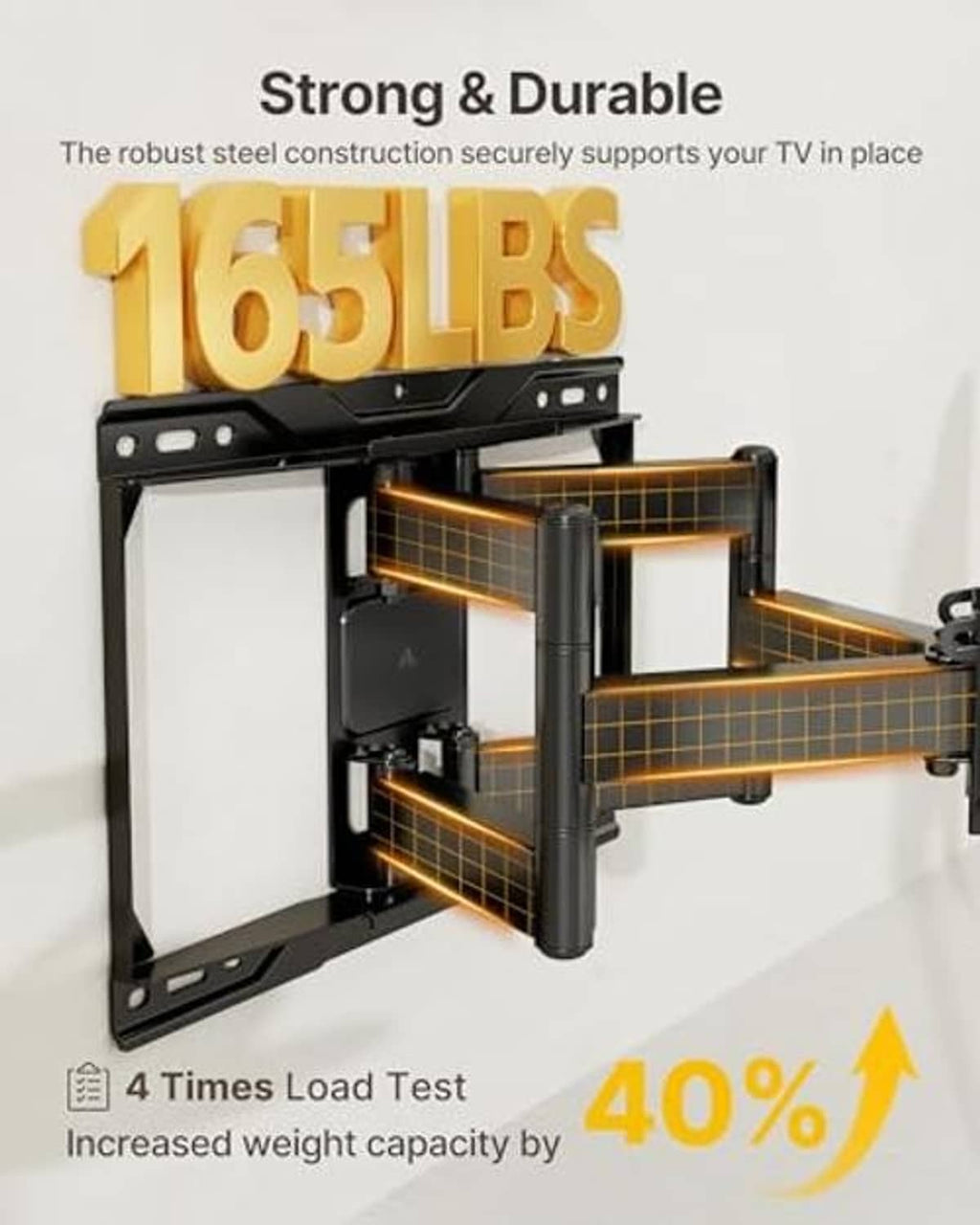 Heavy-duty steel TV wall mount with loading test diagram for stronger support