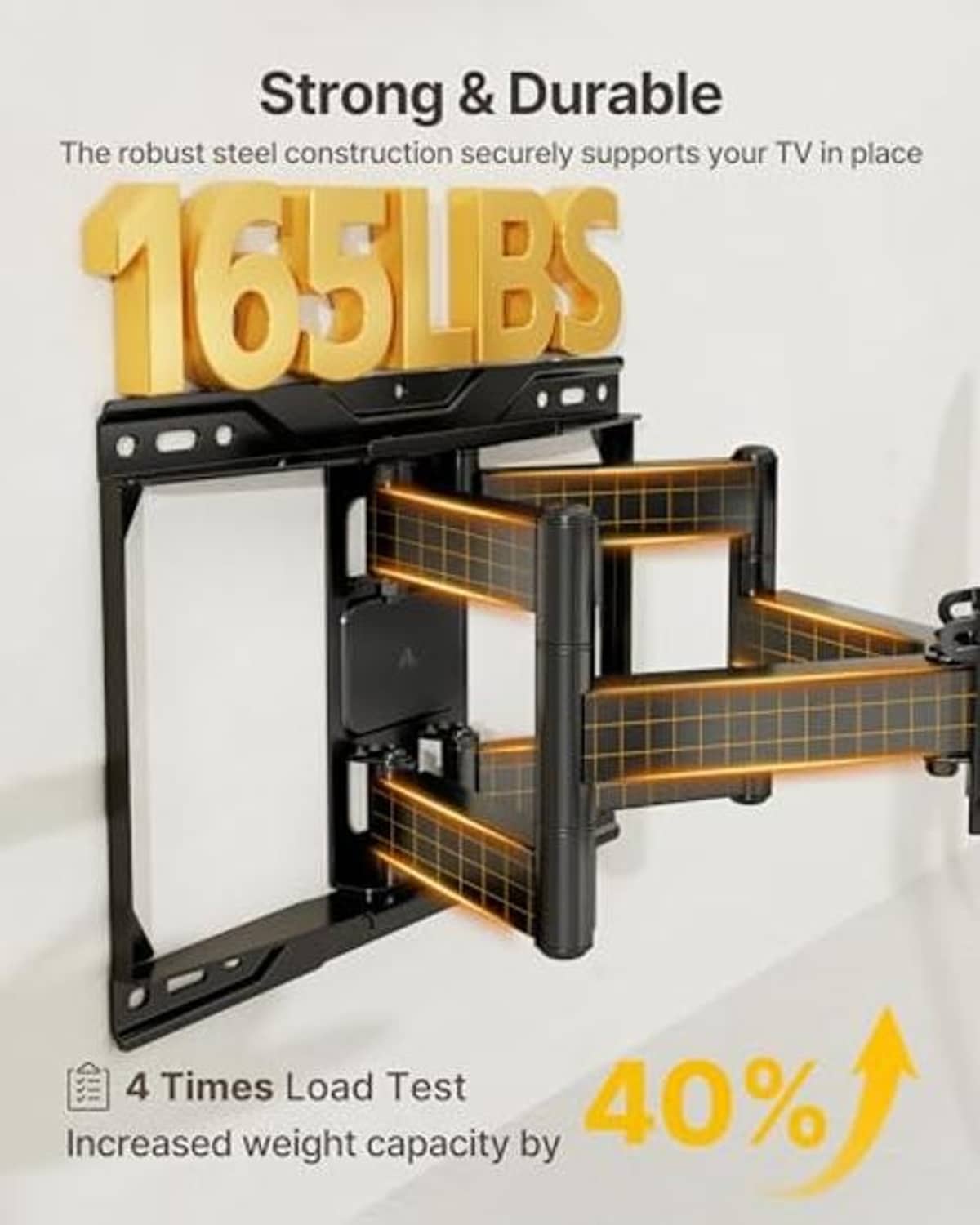 Heavy-duty steel TV wall mount with loading test diagram for stronger support