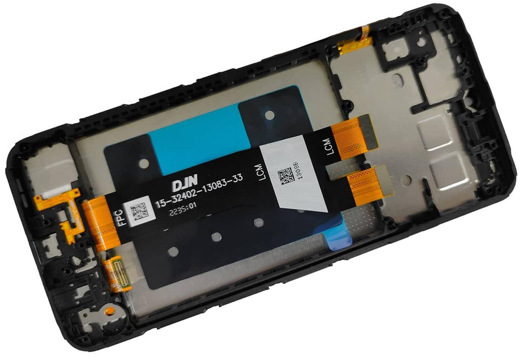 Replacement screen assembly with blue panel, yellow flex cables, black phone frame