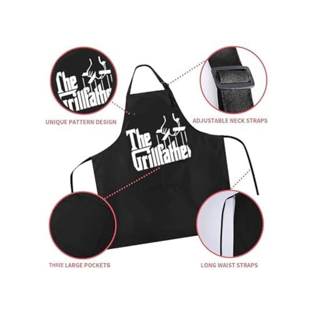 Black apron with 'The Grillfather' design, adjustable neck strap, three large pockets, waist ties