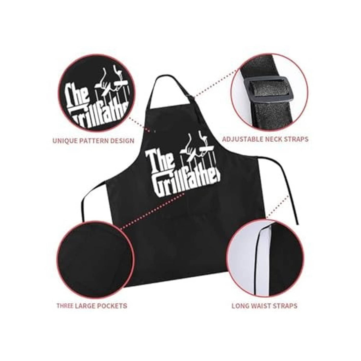 Black apron with 'The Grillfather' design, adjustable neck strap, three large pockets, waist ties