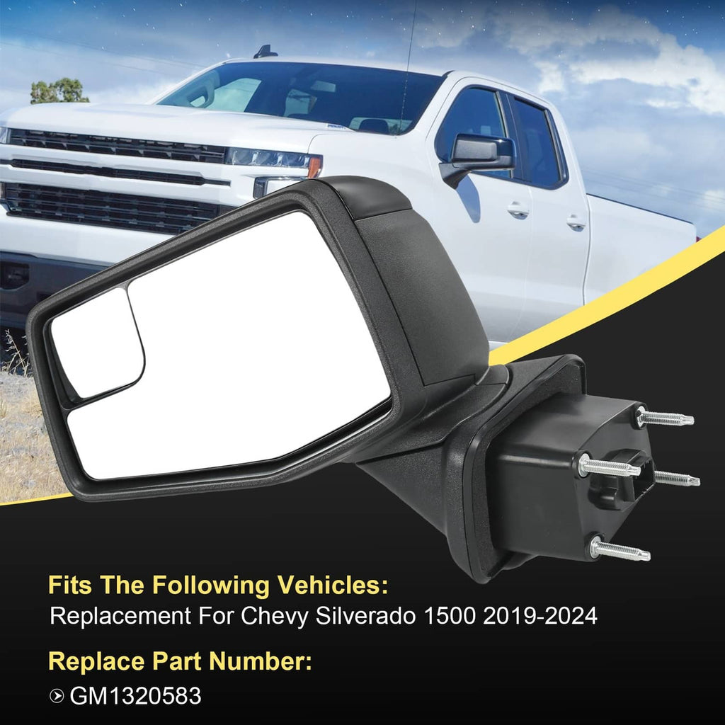 Black driver-side door mirror with metal mounting pins and angled mirror body