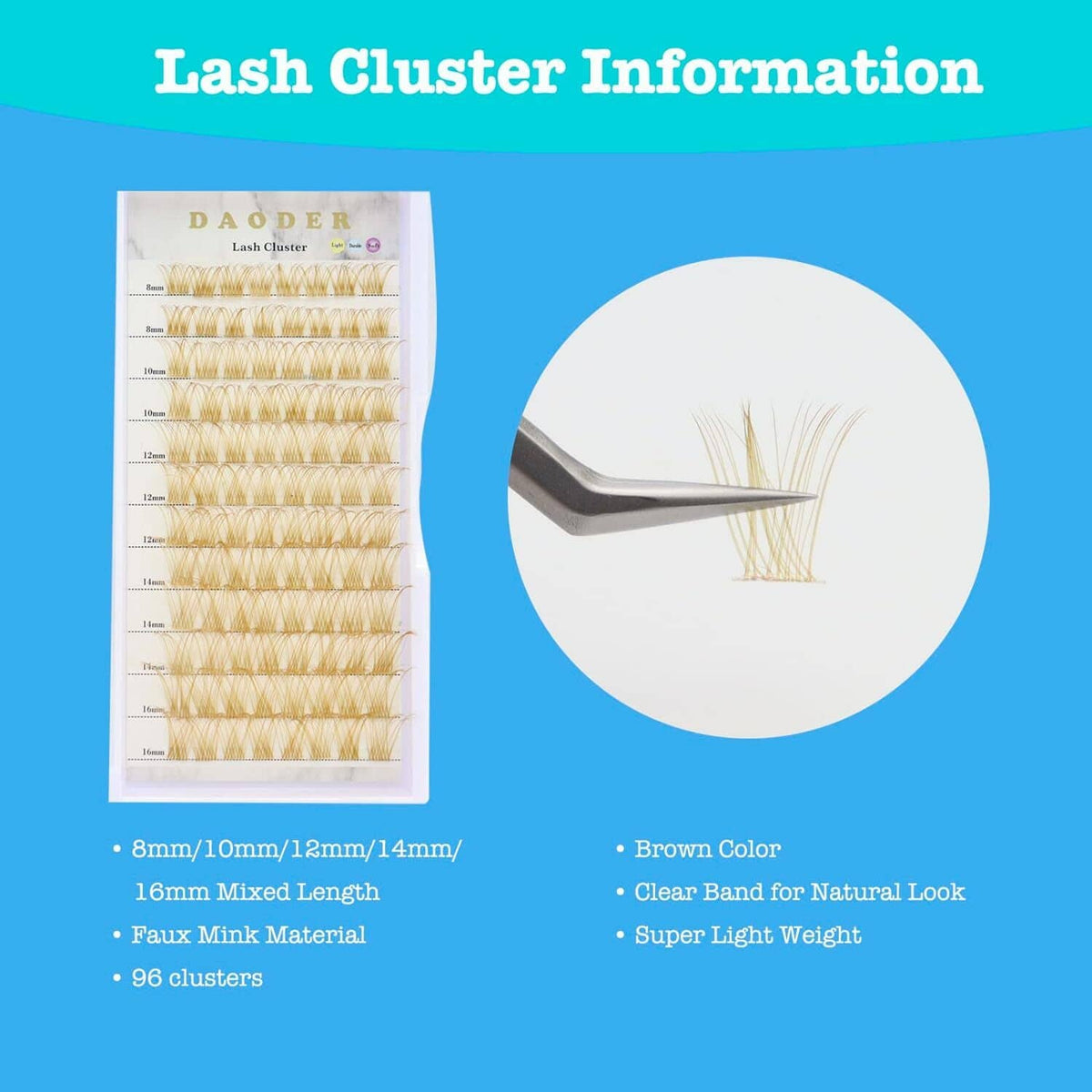 Brown D-curl false lash cluster set with clear band, packaged with lash tool