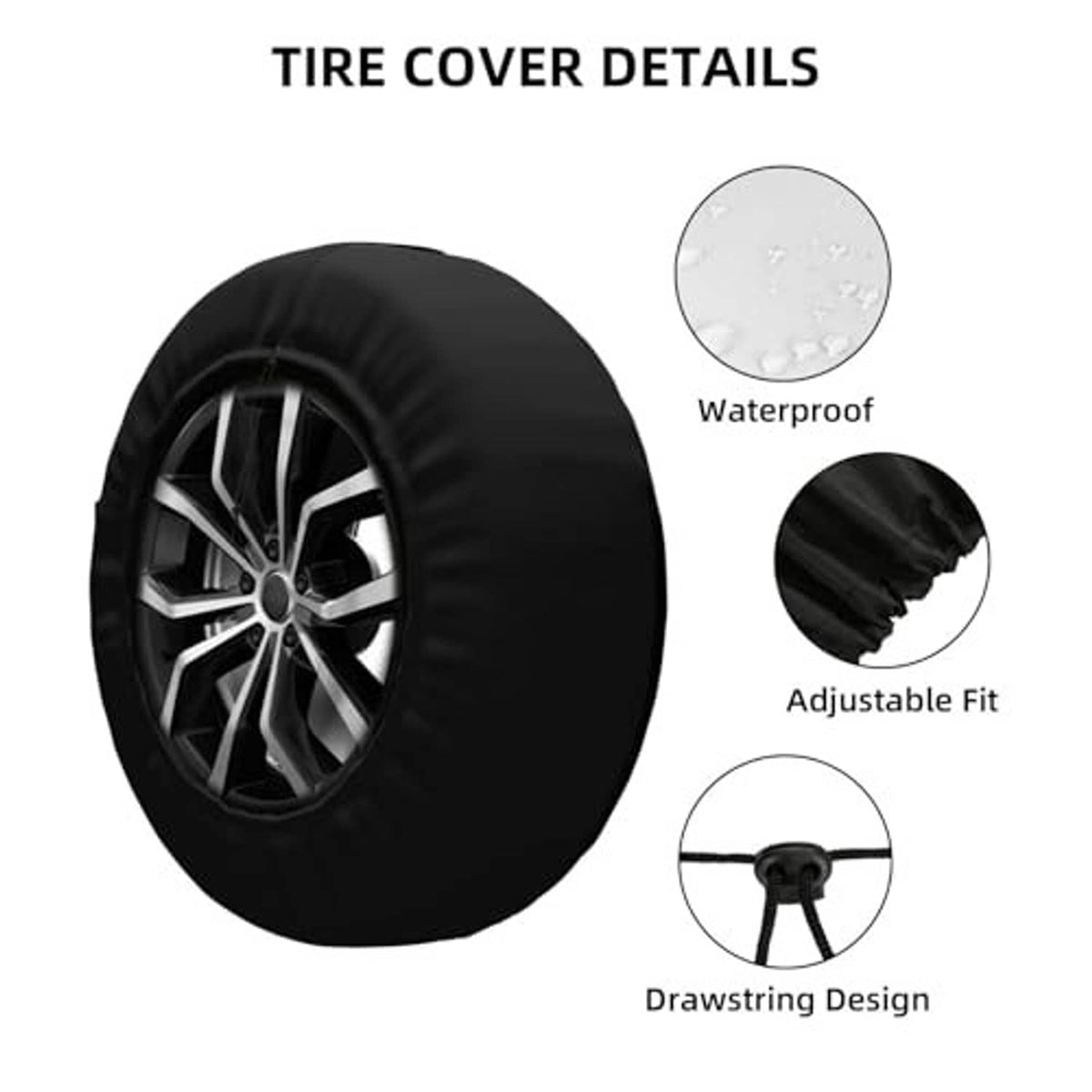 Black spare tire cover with wheel cutout; drawstring adjustable fit design