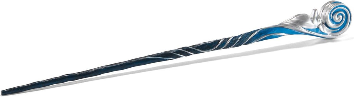 Close-up of silver spiral wand head with dark blue handle and swirling accents