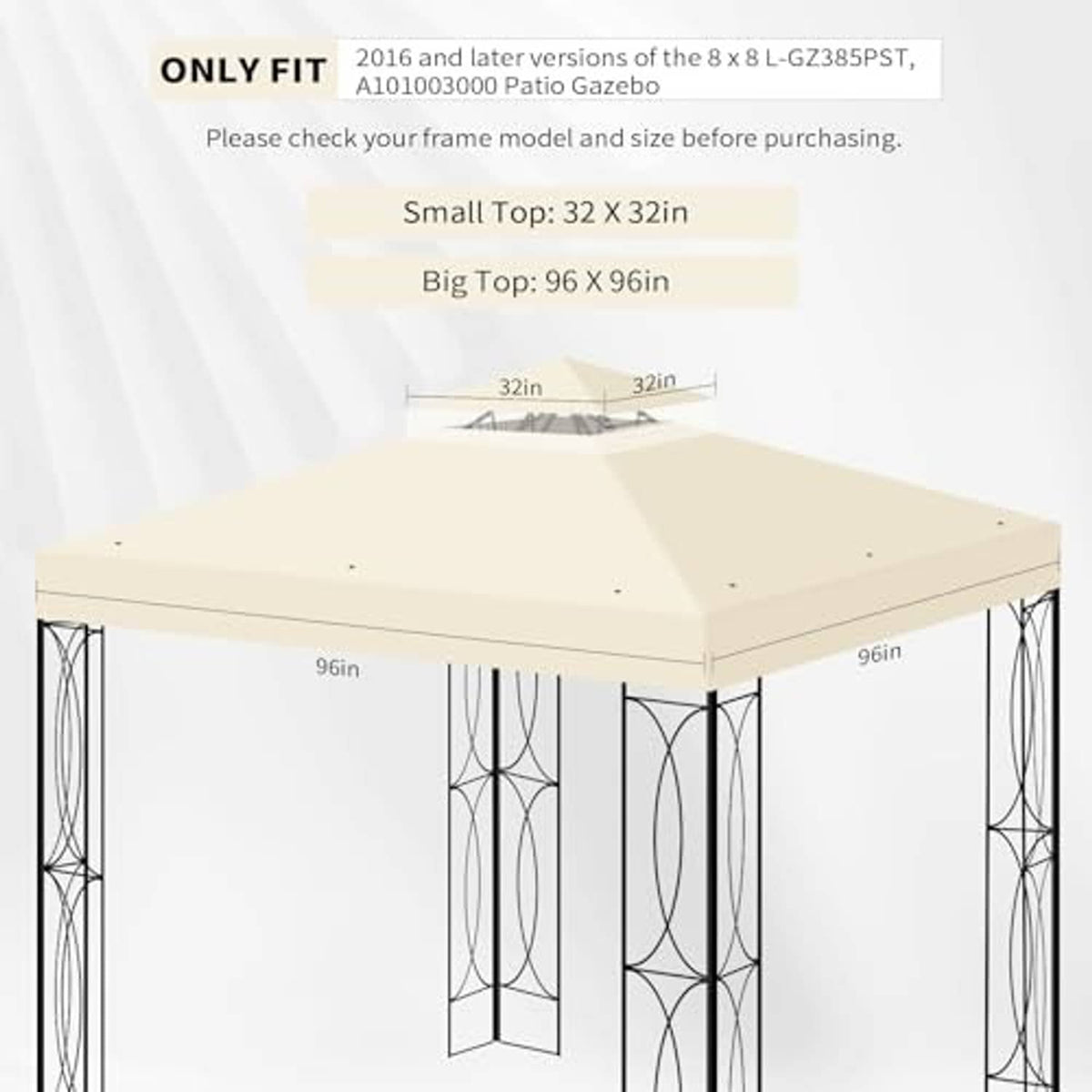 Beige double-tier gazebo top canopy cover with attached canopy top on frame
