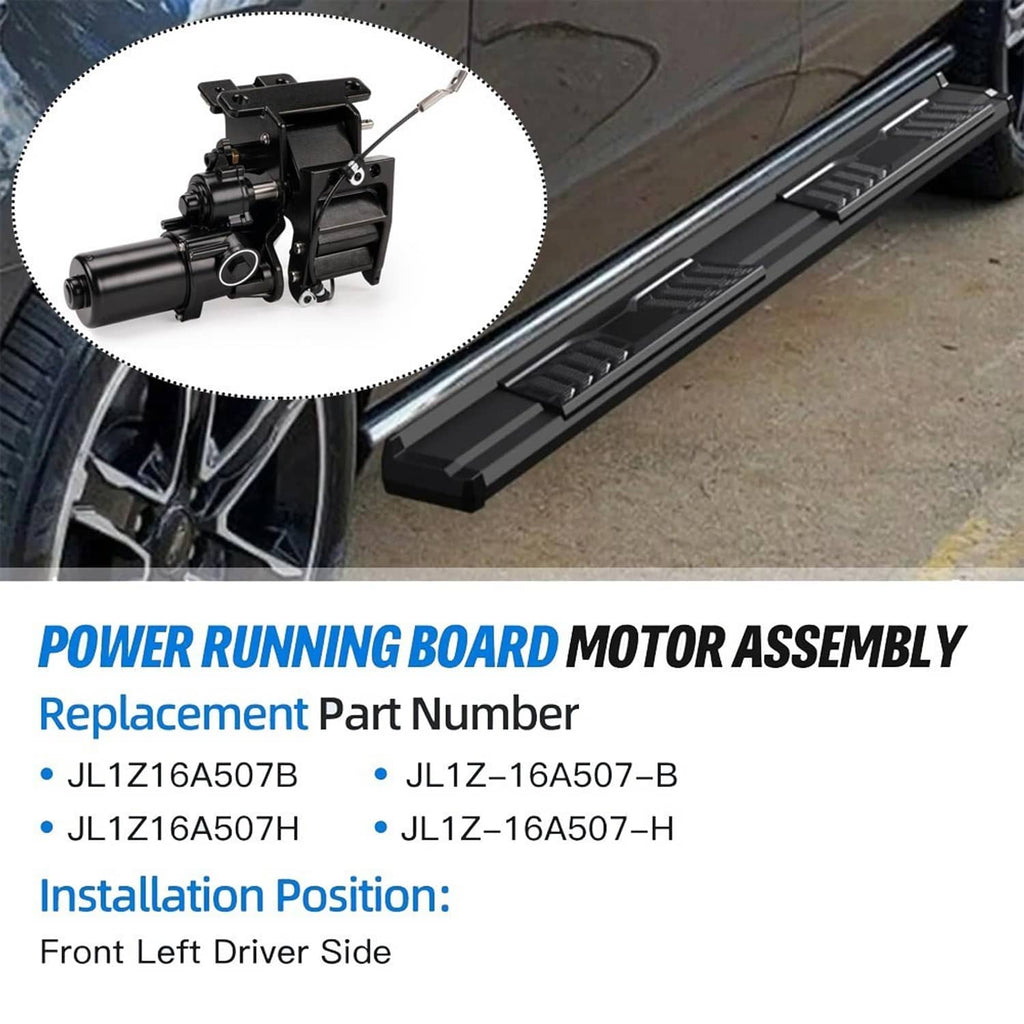 Power running board motor assembly near step rails, black housing with wiring connectors