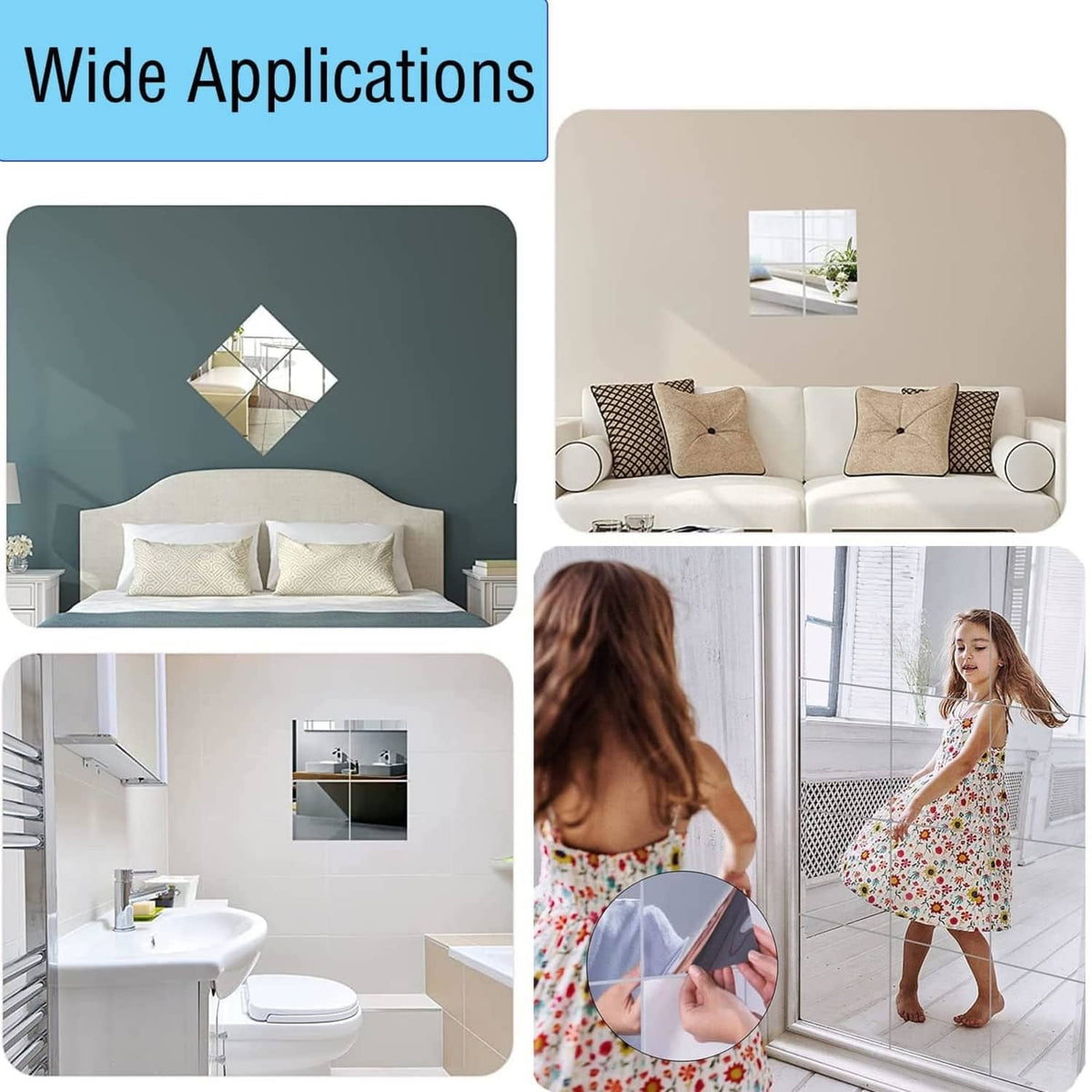 Acrylic mirror sheet wide-use display showing bathroom and living room scenes