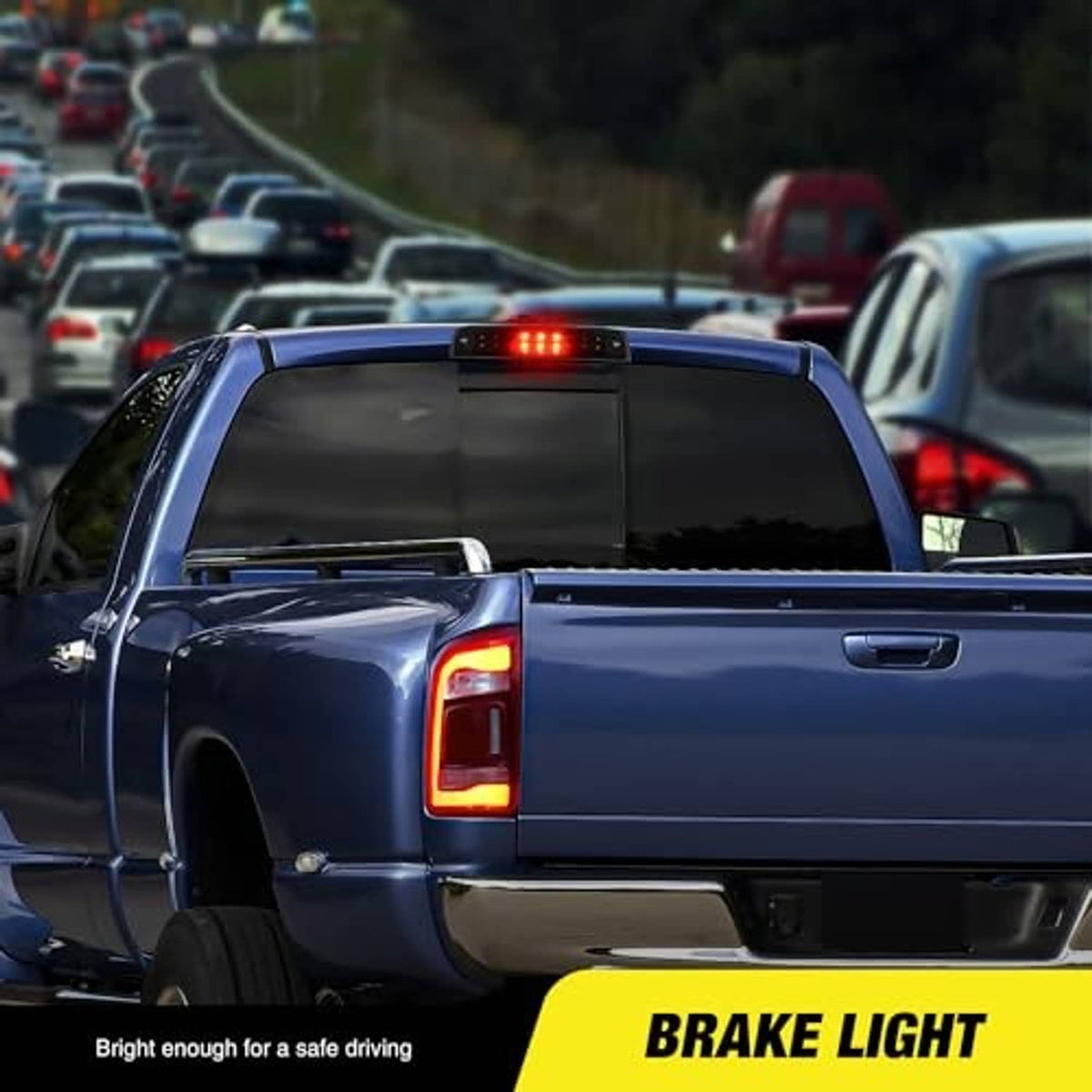 Third brake light on truck cab roof, small red LED strip illuminated