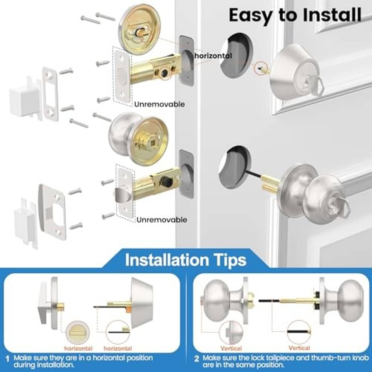 Brushed nickel keyed door knob and deadbolt lock set with adjustable latch and installation steps.