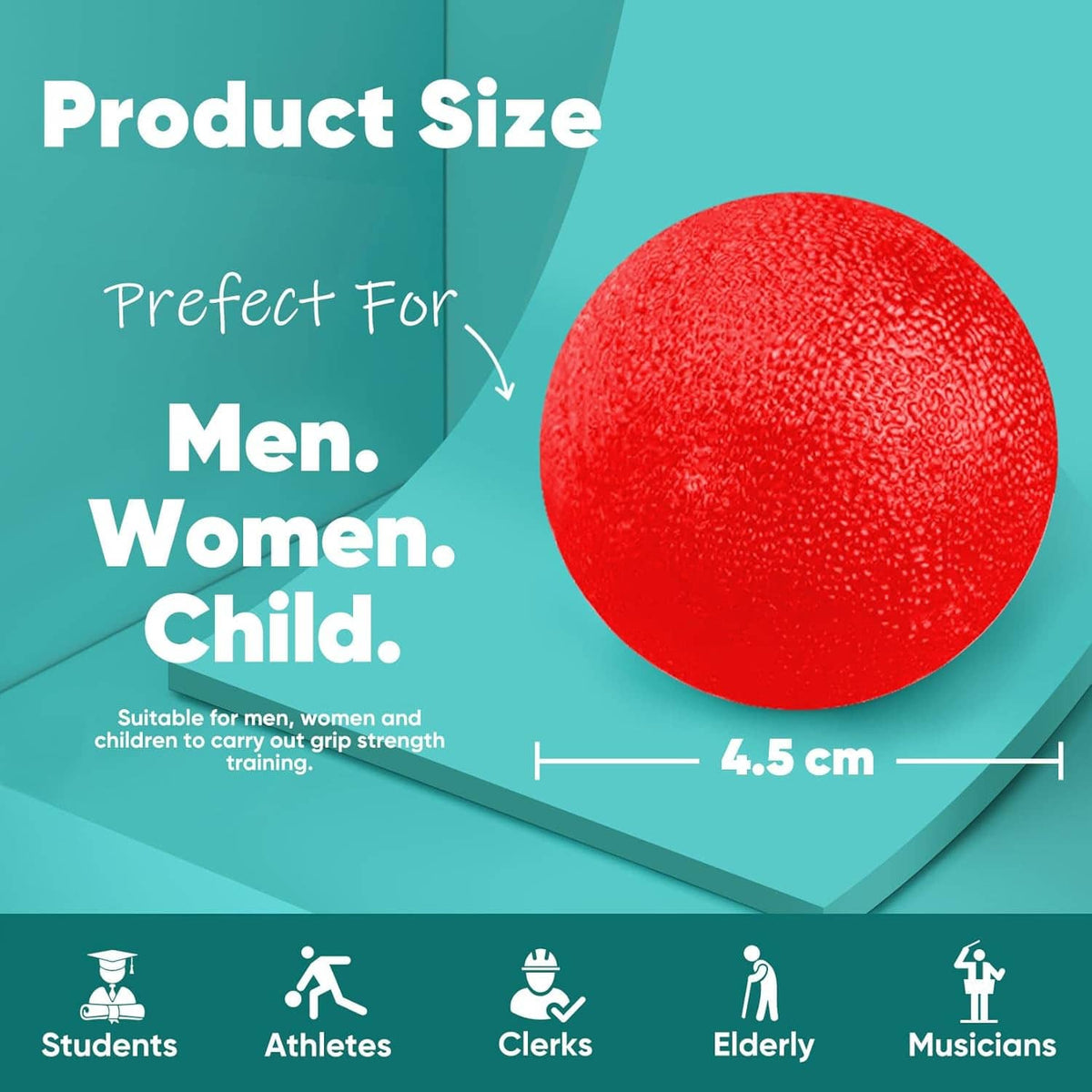 Red textured hand exercise ball with size marker.