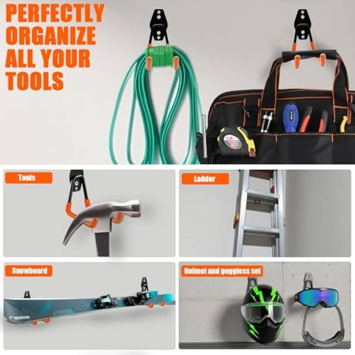 Orange and black wall hooks for organizing tools, ladders, and accessories