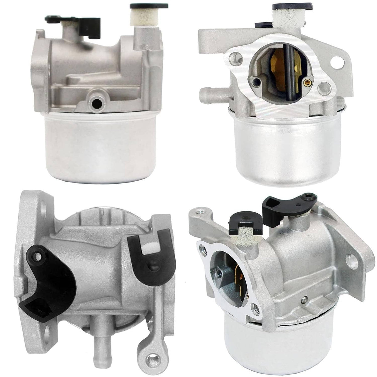 Carburetor replacement with four views of the aluminum body and round air inlet