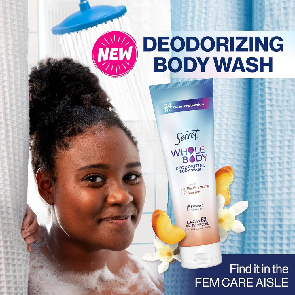 Secret Whole Body deodorizing body wash tube with New badge and peach & vanilla scent