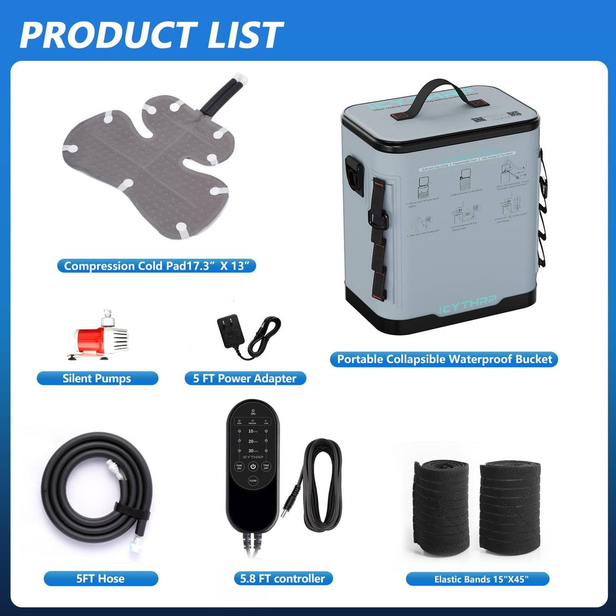 Cold therapy machine kit with shoulder pad, controller, hoses, and storage bucket