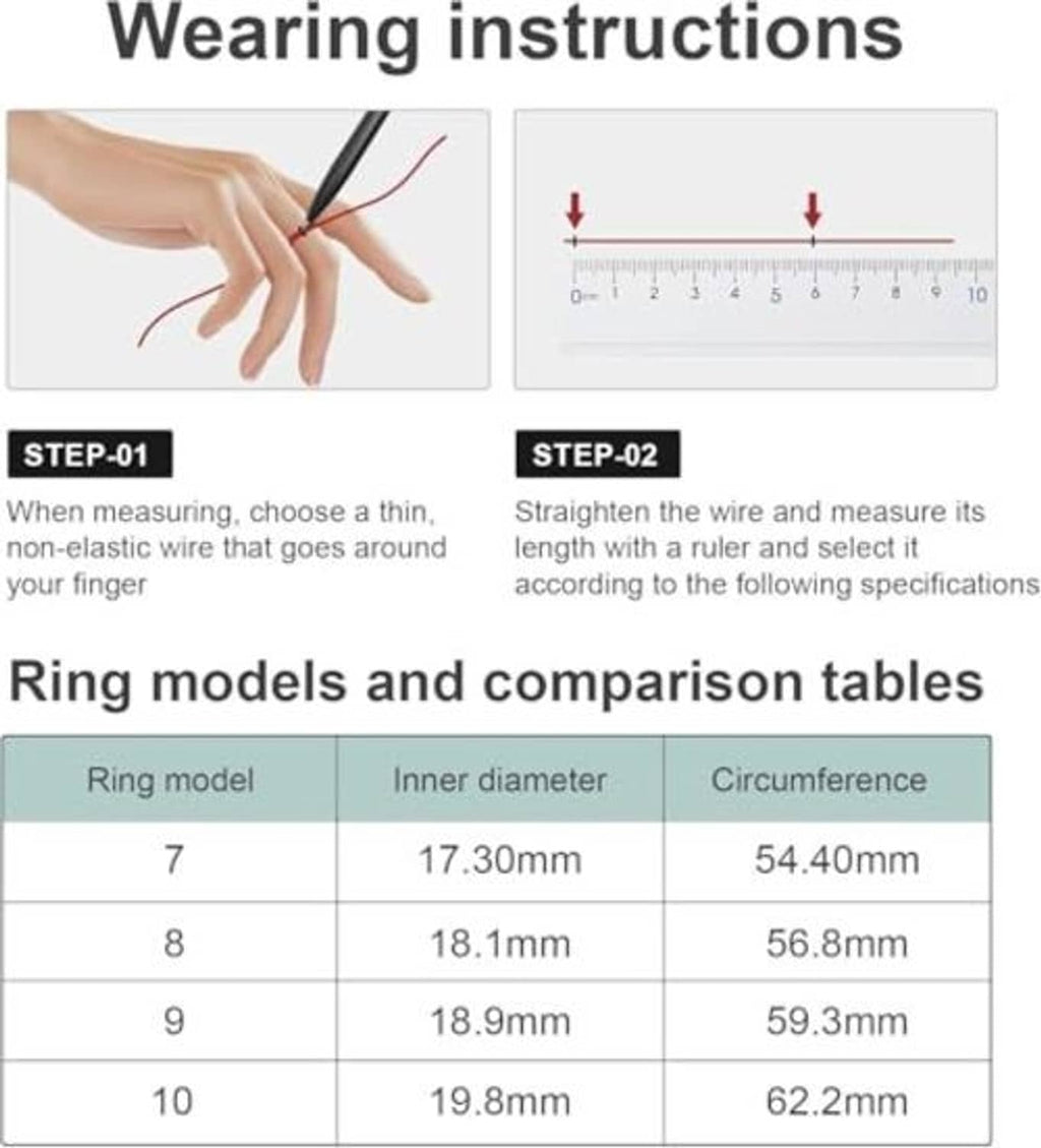 Smart ring wearing size guide with inner diameter and circumference comparison table