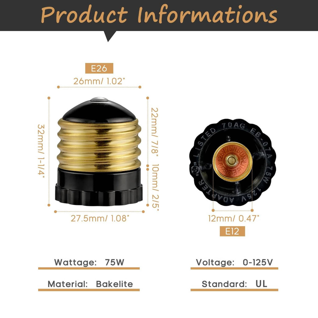 E26 to E12 socket adapter dimensions view, black base with gold threaded section