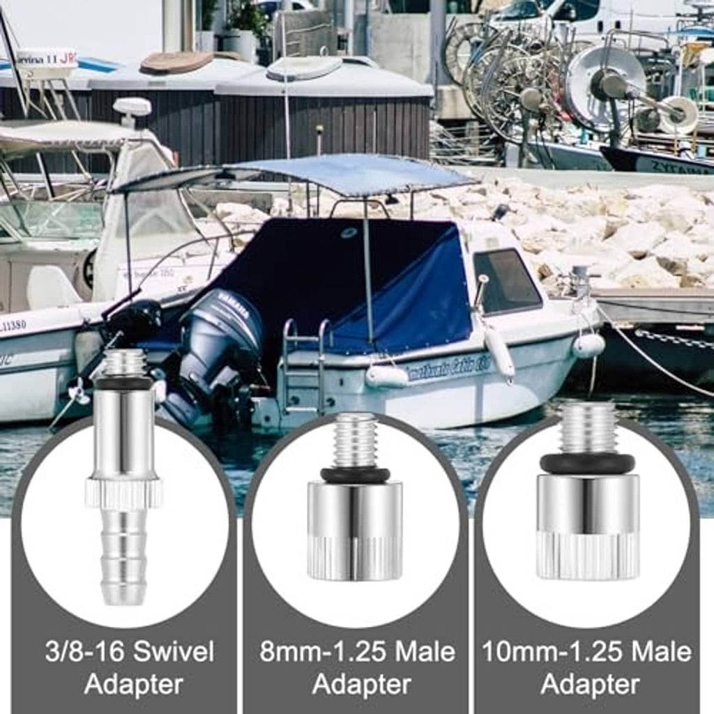 Three stainless steel lower unit pump adapters with black rubber top caps and threaded ports