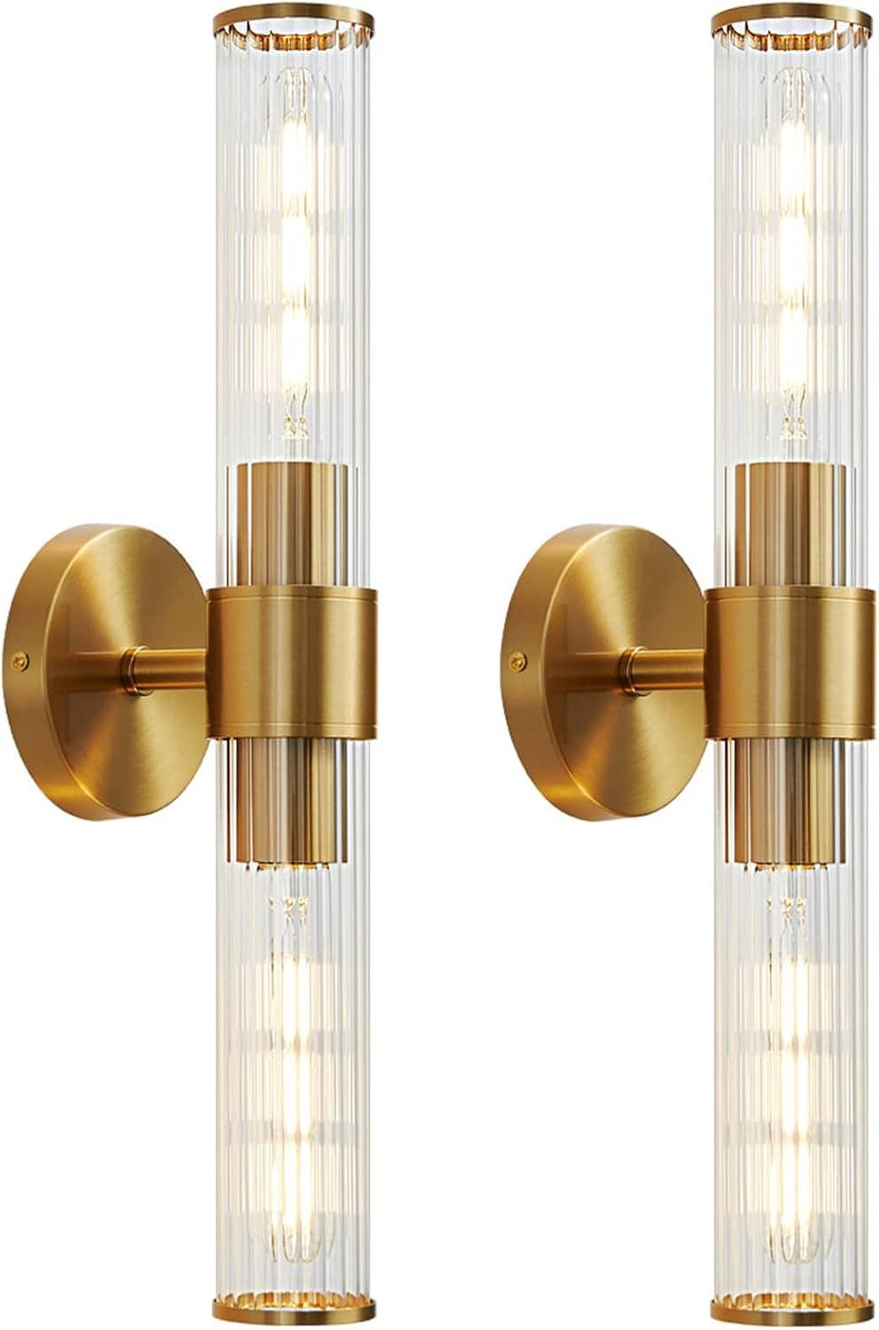 Gold vanity wall light 2-pack with clear glass tube shades and round gold backplates.