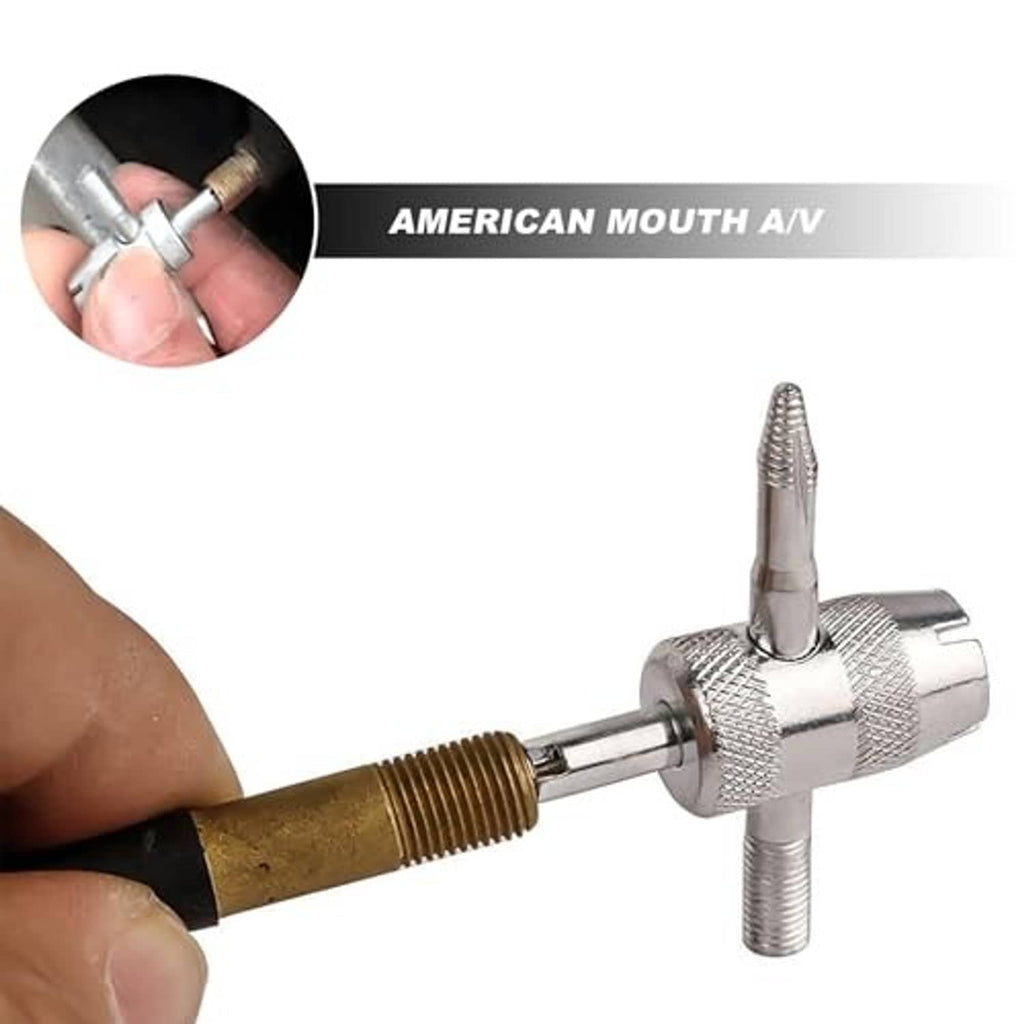 Universal tire valve core wrench with needle tip fitting a valve stem, metal tool