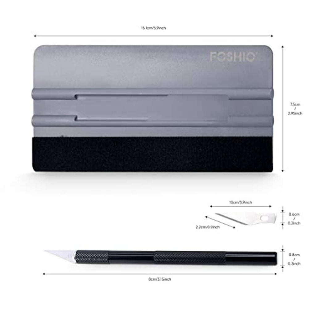 Felt squeegee and black craft knife with measurements diagram on gray backing