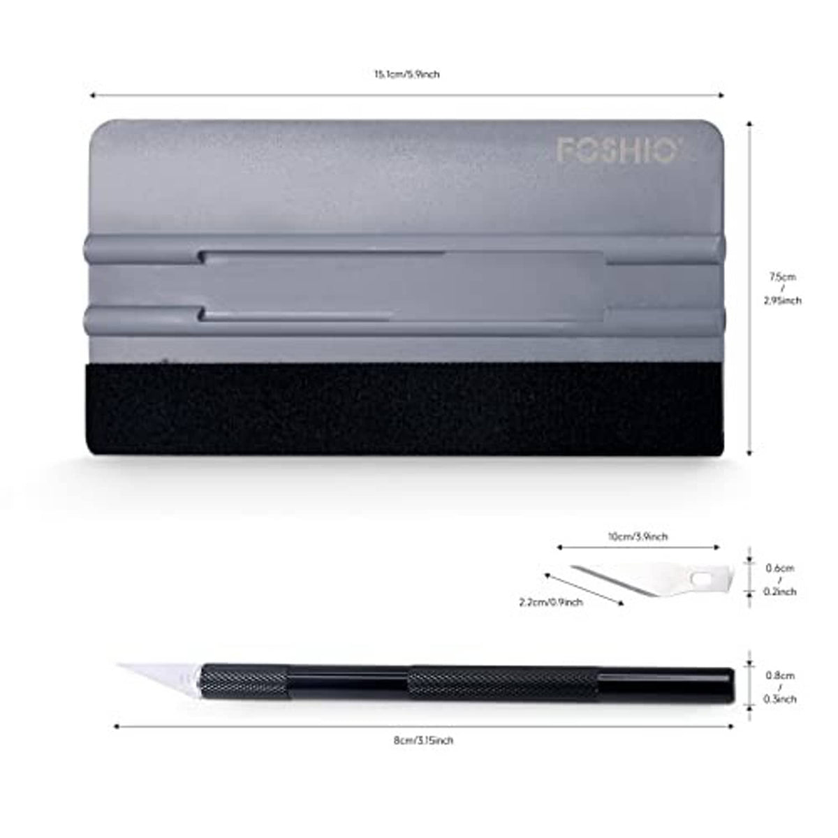 Felt squeegee and black craft knife with measurements diagram on gray backing