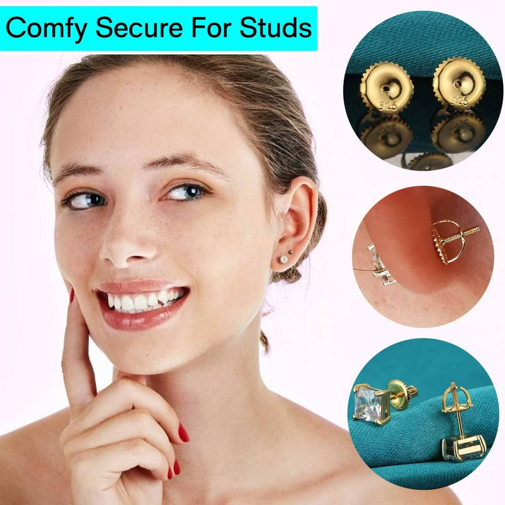 Gold screw earring backs with posts, shown on stud earrings for secure fit