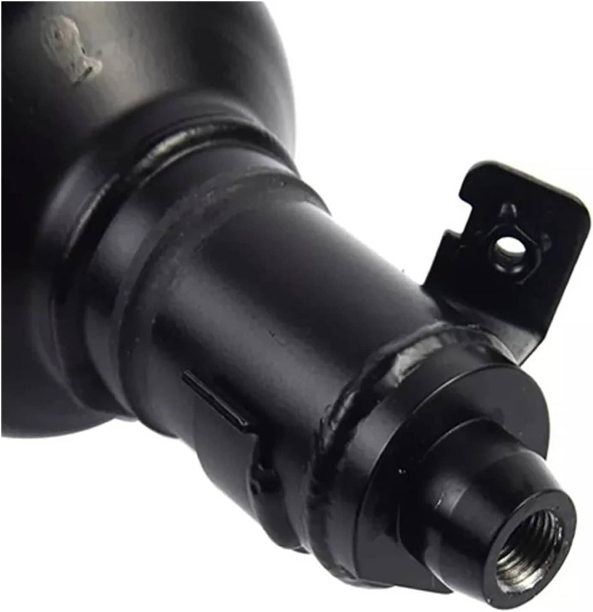 Close-up of black air shock strut end with bracket and threaded side port