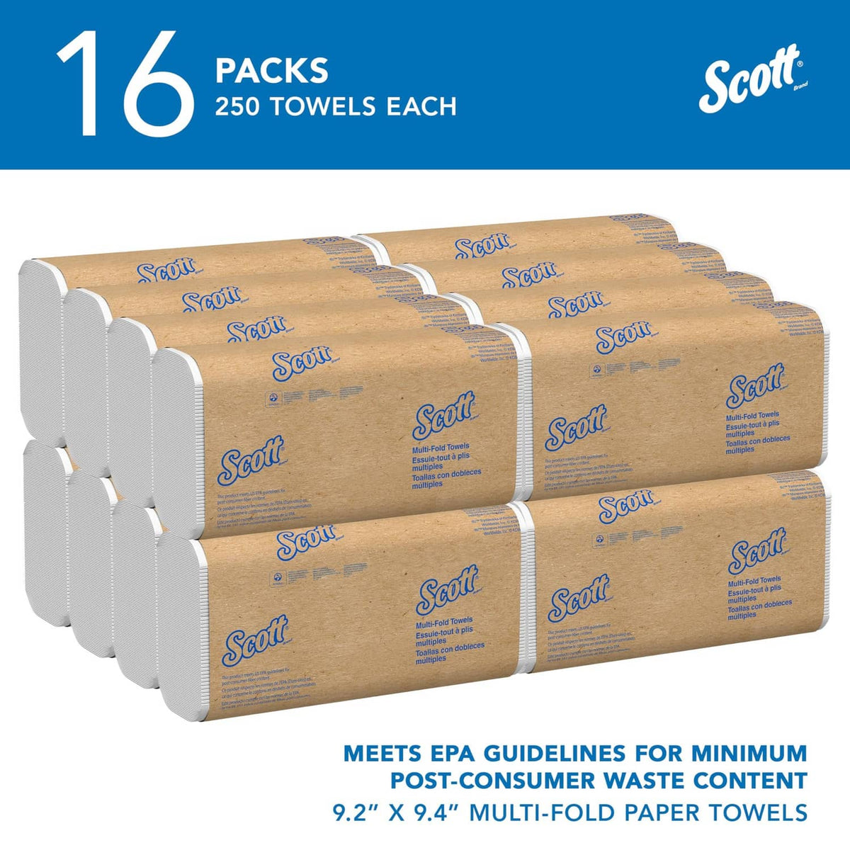 Stack of folded paper towel packs in kraft sleeves, white towels, 16-pack.