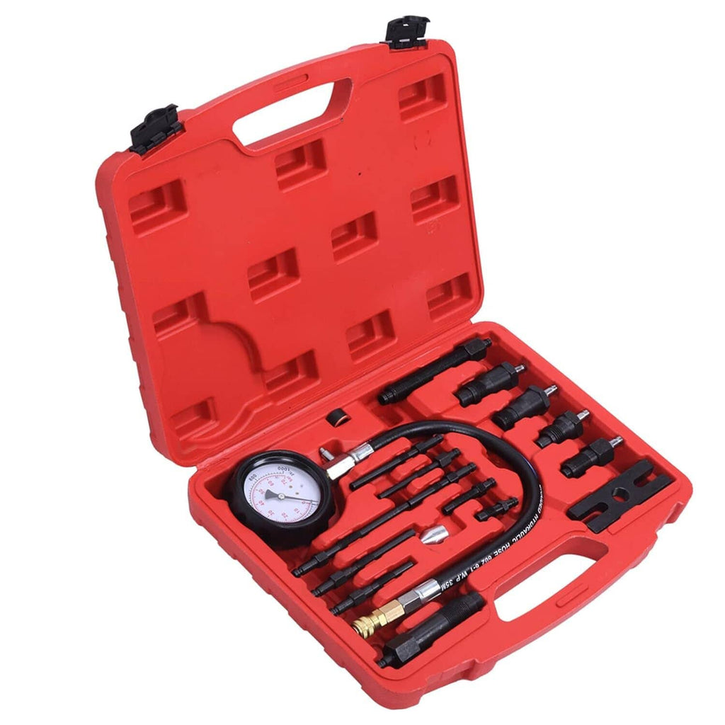 Compression tester tool kit in red case with gauge, hose, and adapter fittings