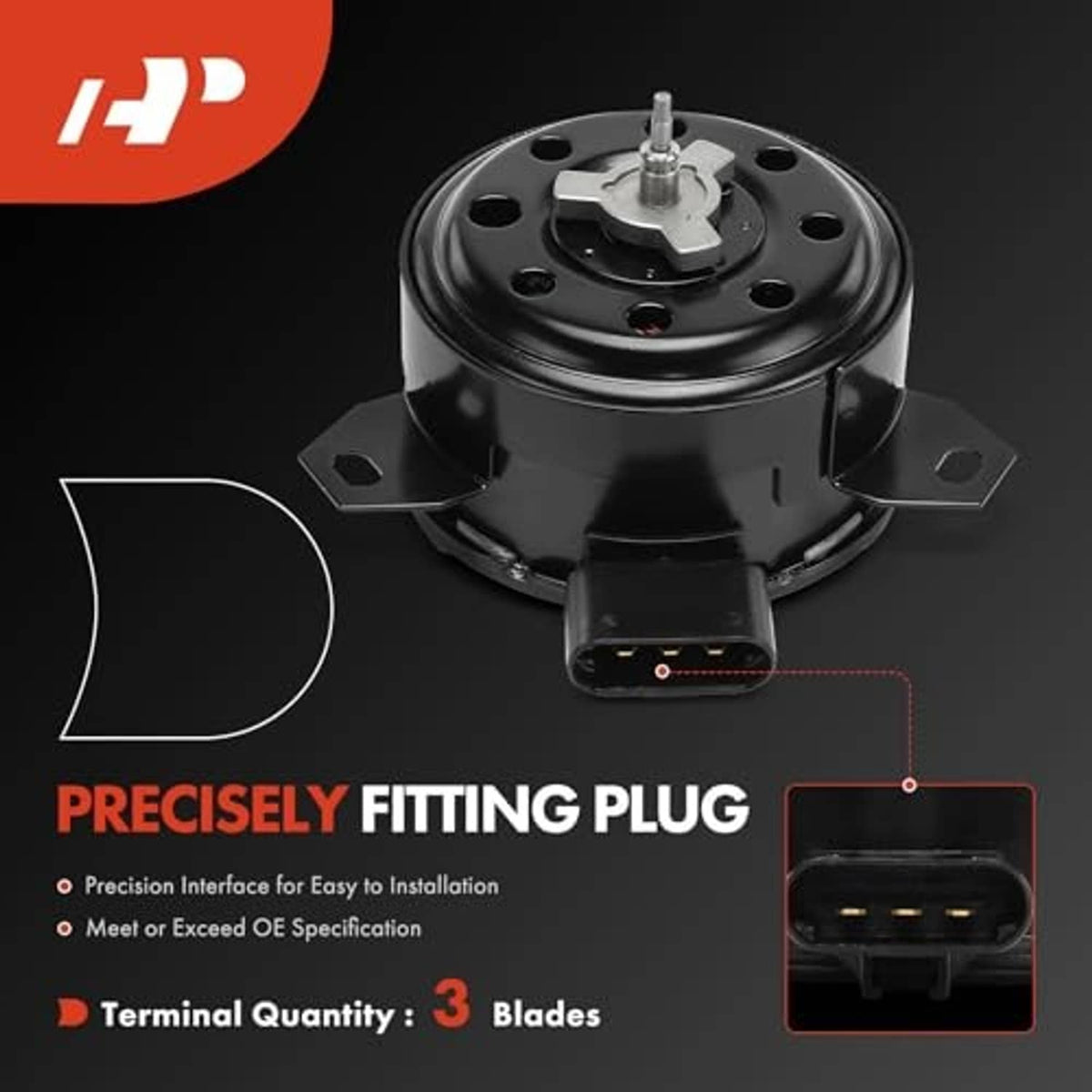 Black radiator fan motor with three-blade hub and multi-pin electrical plug.
