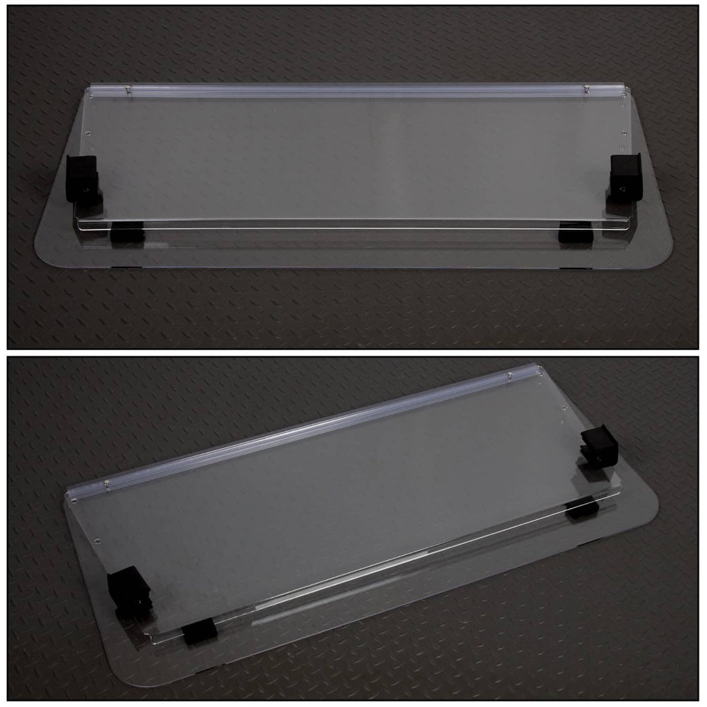 Clear polycarbonate windshield with black side mounts and top frame bar