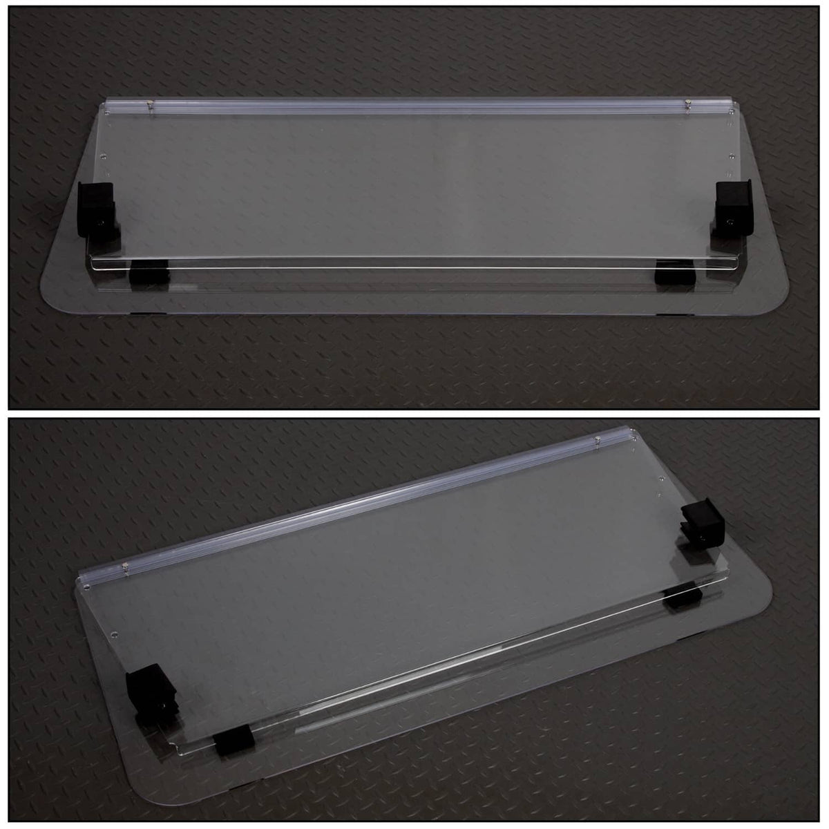 Clear polycarbonate windshield with black side mounts and top frame bar