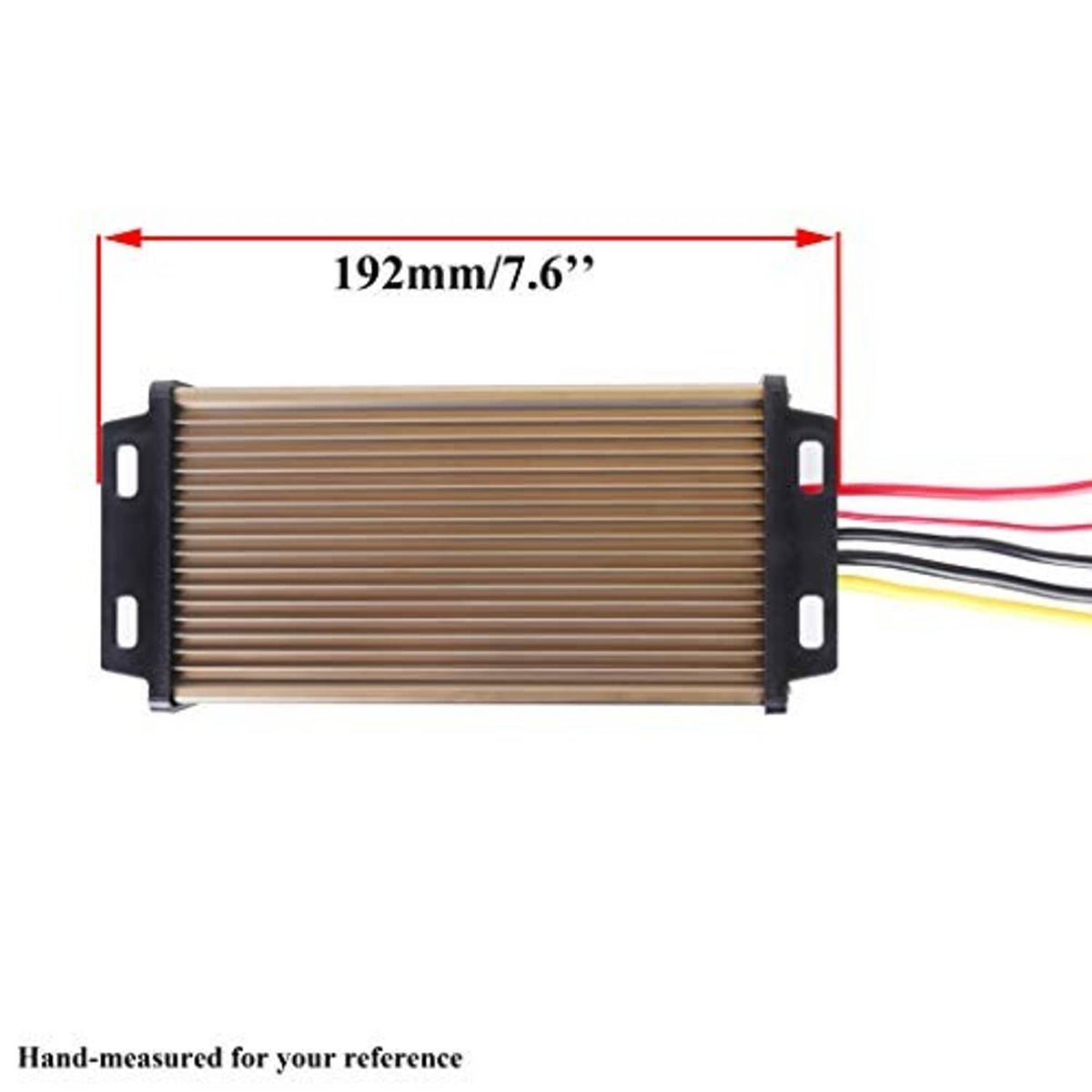 DC step-down converter with 192mm length marking, finned metal case and wire leads