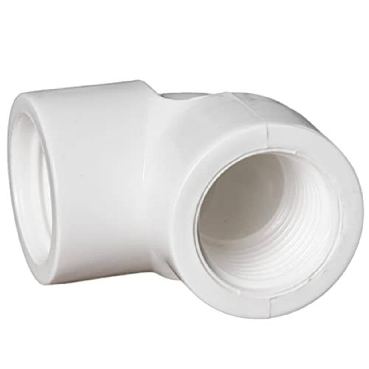 White PVC 90° elbow coupling with one side bend and visible FIPT thread profile.